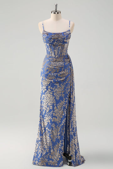 Blue Burnout Sereia Floral Esparguete Correias Corset Vestido Madrinha com Fenda